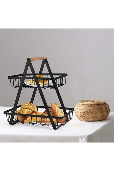 Türkiye 2T-FRR-BK 2Tier Countertop Fruit Basket Storage, Vegetable Rack Bread Display Stand for Kitchen, Bla