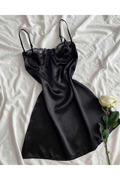 MODA Siyah Saten Gecelik
