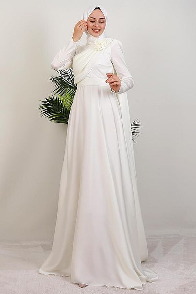 GİYZAMİLA Alaz Satin Rose Evening Dress White