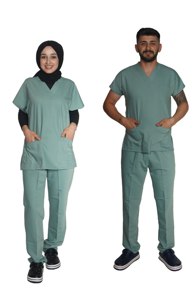 Marka LİKRALI UNİSEX HEMŞİRE VE DOKTOR SCRUBS TAKIM BADEM YEŞİLİ