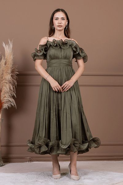 giyimmasalı Chiffon Fabric Flounce Detailed Midi Dress - Khaki Green