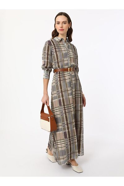 Refka Button-Toe Plaid Printed Chiffon Hijab Dress - Brown Plaid -