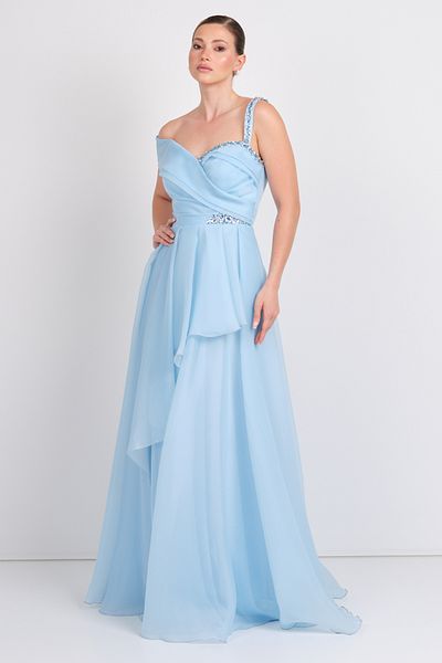 Saygın Women's One Shoulder Detailed Chiffon Fabric Maxi Evening Dress 5614 Blue