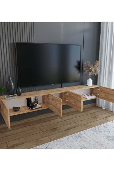 subahome 200 cm MDF 5 Kapaklı Dolaplı Minimalist Ahşap Duvara Monte TV Ünitesi – Şık ve Fonksiyonel Tasarım