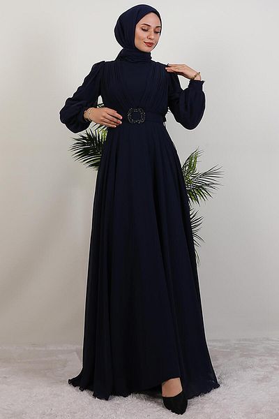 GİYZAMİLA Tuğba Chiffon Dress Navy Blue
