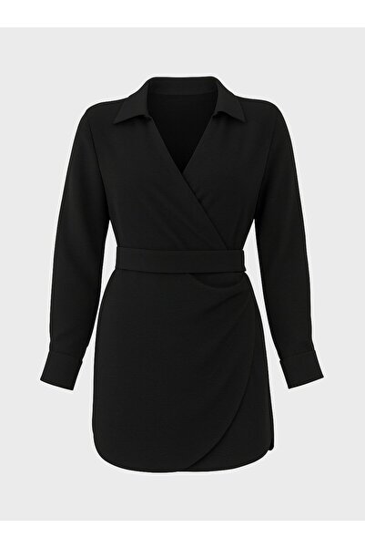 ALİA Gömlek Yaka Bağlama Detaylı Kruvaze Kapama Büyük Beden Tunik - Siyah -