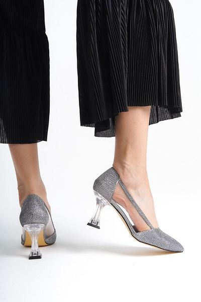 ARMİNS2025 Transparent Heeled Silver Glitter Evening Dress Shoes