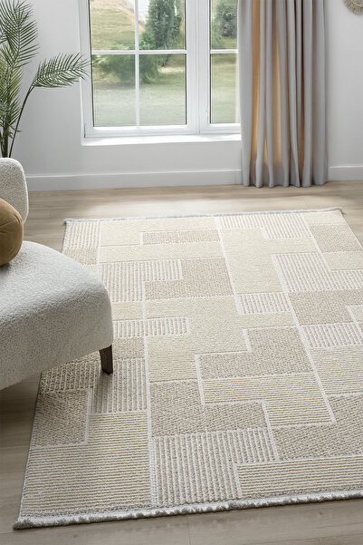 VİTALİHOME Moon Krem Vizon Halı Bukleli Yumuşak Dokulu İskandinav Dokuma Halı Salon Halısı 13823A