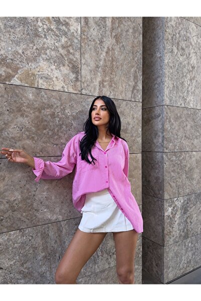 CARLA MARA Ροζ ριγέ πουκάμισο με λεπτομέρεια στην ενιαία τσέπη