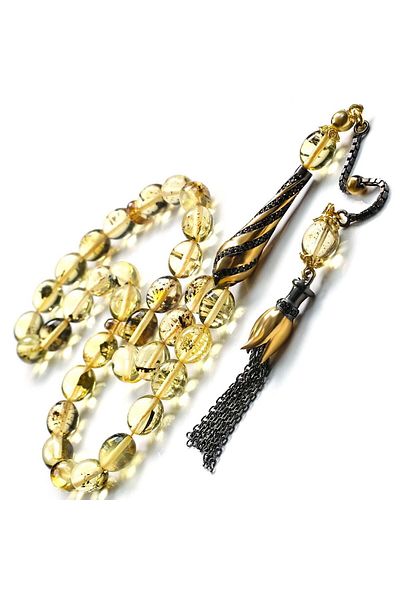 TESBİHCİBABA Fossil Drop Amber Prayer Beads with Zircon Imame