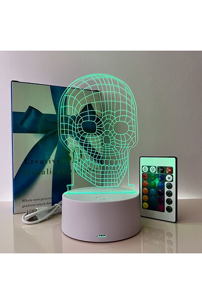 ILUMISHOP Lampa De Veghe 3D LED, Craniu, 16 Culori, cu telecomanda, Alimentare USB sau 3 baterii AA