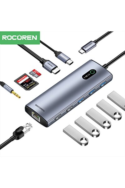 Rocoren 11 Portlu 4K 30Hz HDMI Gigabit Ethernet SD TF Kart Okuyuculu 3.5mm Jack USB Hub Çoklayıcı