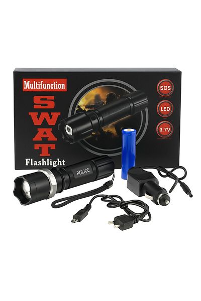 Blasko Lanterna LED 3.7W, puternica, cu acumulator, fabricata din metal, zoom reglabil, rezistenta la preci