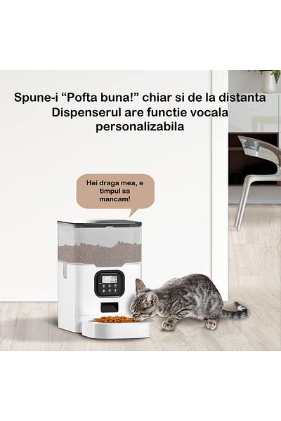 Smart Vibe Hranitor Automat Digital Huggo® Rezervor Transparent 4L SmartView, Mesaj Vocal, 4 Mese/Zi, White