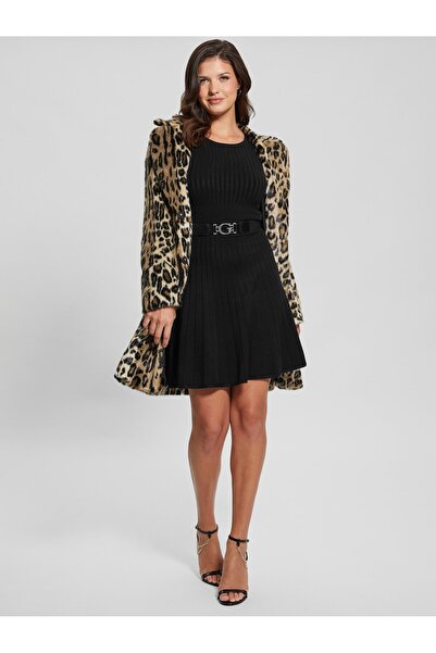 Guess Bej Kadın Normal Kalıp Desenli Palto SOLANGE JACQUARD FAU - POLY MINK JA