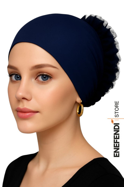 NF ND ENEFENDİ Silicone Frilly Bonnet Non-Slip Bun Bonnet Seamless Navy Blue |   Comfortable Stylish Practical Bonnet