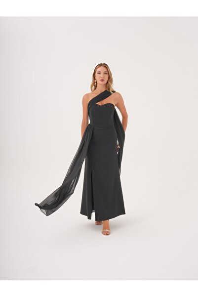 SERPİL Tek Omuz Drapeli Şifon Detaylı Yırtmaçlı Uzun Abiye Elbise
