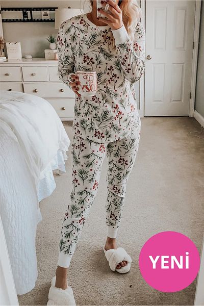 DOFİ Women's White Kokina Patterned Pajama Set – Camisole Collar and Cuffs, Curved Hem