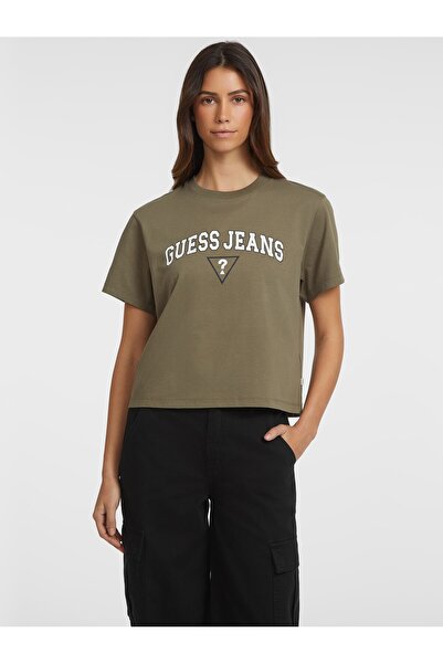 Guess Khaki Women's Crew Neck Box Fit Patterned T-Shirt Gj Ss Cn Boxy - Organic Cotto