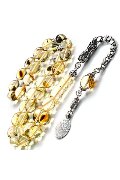TESBİHCİBABA Fossil Drop Amber Prayer Beads with Ottoman Lira Design