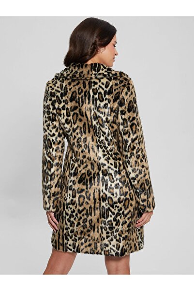 Guess Bej Kadın Normal Kalıp Desenli Palto SOLANGE JACQUARD FAU - POLY MINK JA