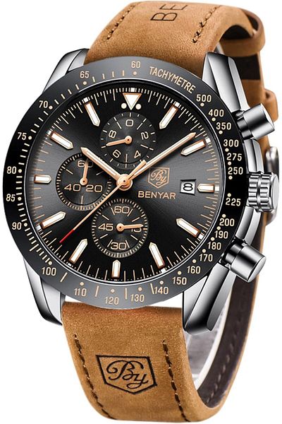 BY BENYAR Mens Watch 100M Waterproof Chronograph Date Watch for Men Brown Leather Strap Quartz Movem