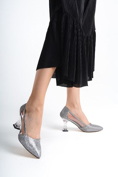 ARMİNS2025 Transparent Heeled Silver Glitter Evening Dress Shoes