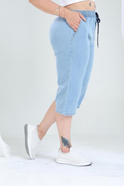 tarzımsüper Plus Size Summer High Waisted Denim Capri with Elastic Waist