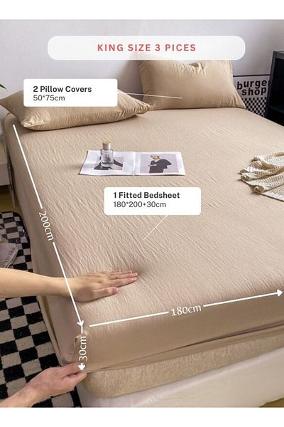 LUNA HOME King Size 3 Pcs Fitted sheet - 180*200cm+30cm 2 Pillow cases - 50*75cm.Washable Cotton, Beige Color
