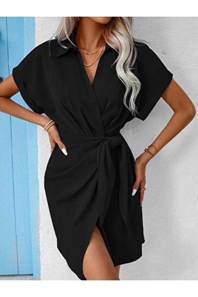 Viyamo New Season Women's Short Sleeve Collar Side Tie Woven Dress