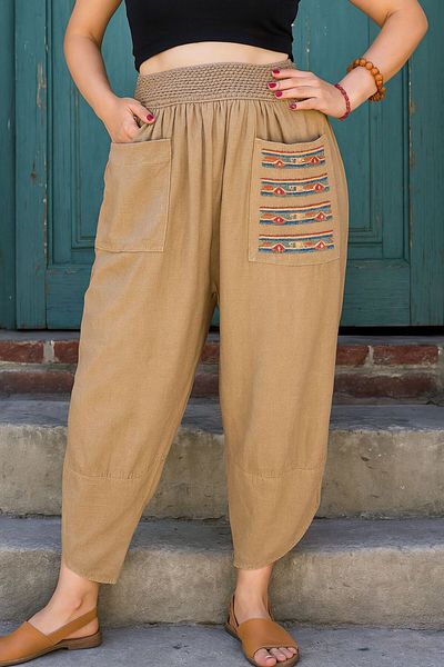 AGORATEKSTİL Women's 100% Linen Pocket Embroidered Baggy Trousers