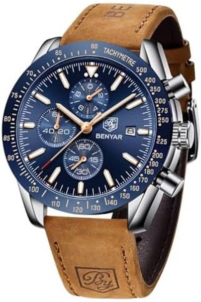 BY BENYAR Mens Watch 100M Waterproof Chronograph Date Watch for Men Brown Leather Strap Quartz Movem