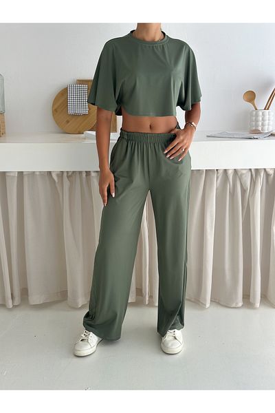Zula Moda Γυναικείο σετ δύο τεμαχίων casual – Crop top και φαρδύ παντελόνι – καλοκαιρινό άνετο αθλητικό σετ