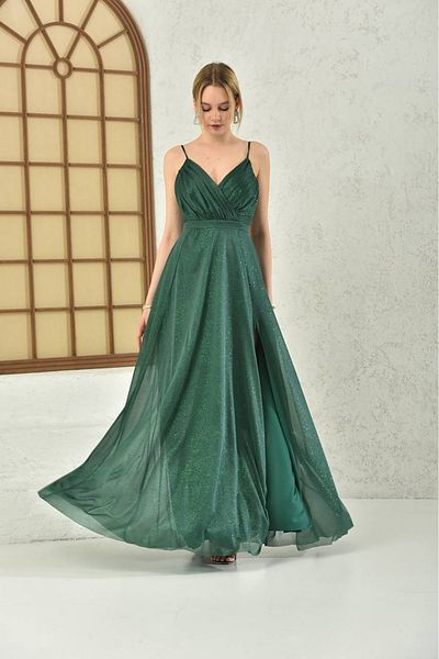 Neşeli Butik Women Emerald Green Lurex Fabric Strap Long Evening Dresses Nbs9276