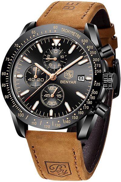 BY BENYAR Mens Watch 100M Waterproof Chronograph Date Watch for Men Brown Leather Strap Quartz Movem