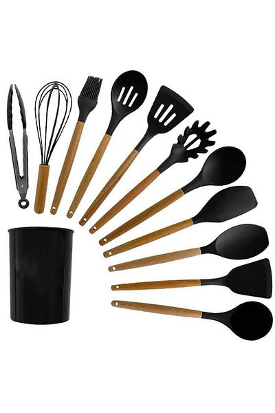 Aptel Set 12 ustensile de bucatarie, lemn/silicon, negru