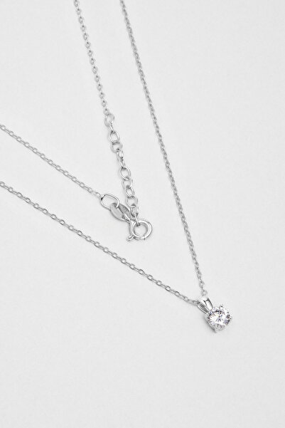 So CHIC... Yuvarlak Kesim 18 Ayar Beyaz Altın Kaplama 42 Cm Tektaş Gümüş Kolye