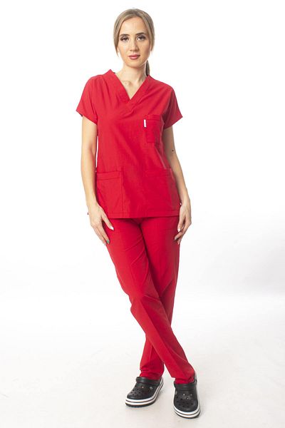 Simirna Üniforma Uniformă roșie unisex cu mâneci liliac pentru asistentă și medic