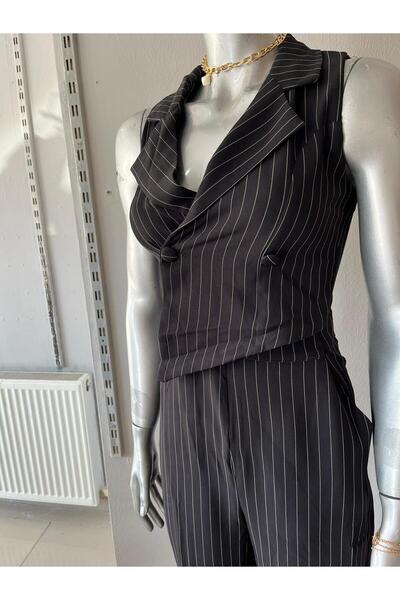 Sublime Butik Kadın Dik Çizgili Kumaş Siyah Tulum