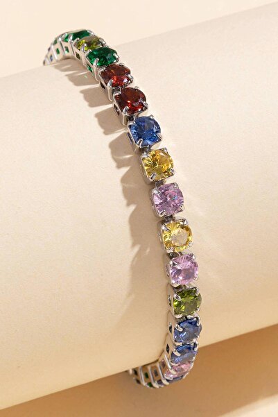 TAKIŞTIR Gümüş Renk Renkli Taş Detaylı Su Yolu Bileklik