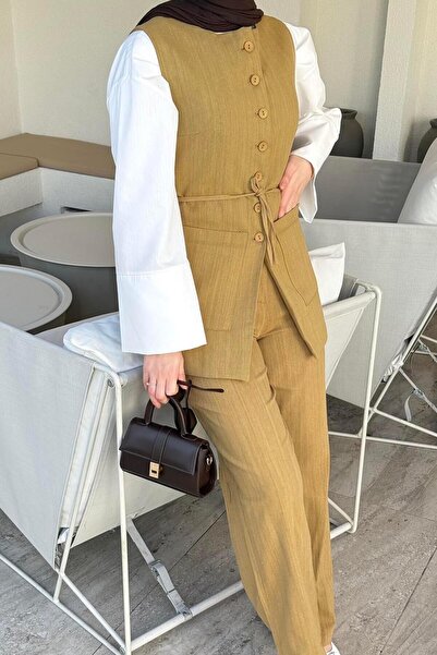 lamelif Λινό Σετ Γιλέκο Διπλής Τσέπης Μουσταρδί Κίτρινο