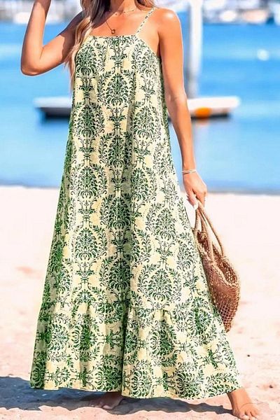 Mossta Patterned Long Single Jersey Dress with Rope Strap - Green
