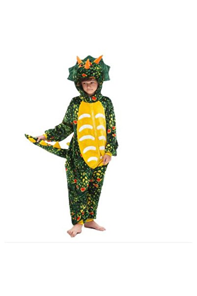 zzz sleep good sleeping !!! Pijama tip salopeta pufoasa, pentru copii, KIGURUMI, model dinozaur verde triceratops