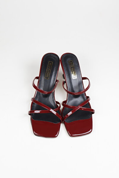 NiceDiffer Women's Burgundy Patent Leather Heeled Sandals Slippers