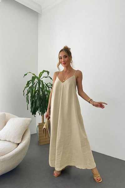 Mossta Deep V-Neck Long Aerobin Dress with Rope Strap - Beige