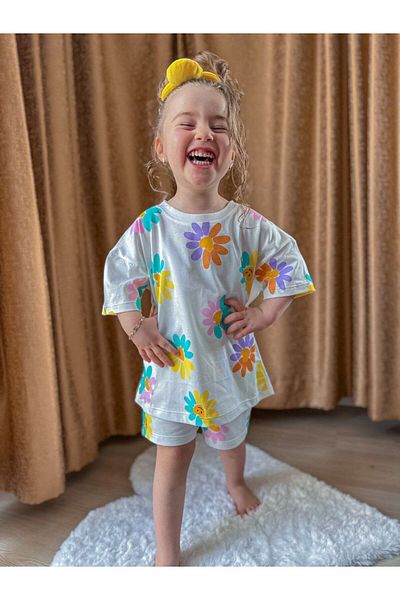 GÖKJOY BUTİK Premium Quality Flower Patterned Girl's Shorts Suit
