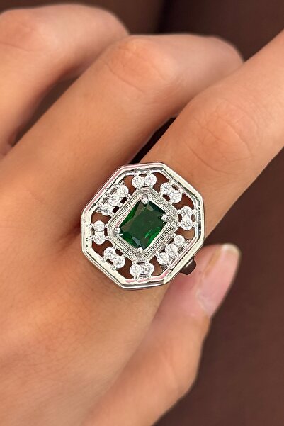 TAKIŞTIR خاتم فضي اللون مزين بالحجر الأخضر قابل للتعديل