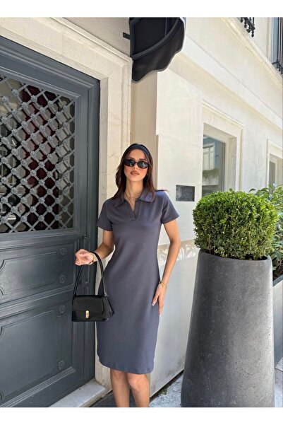 ELLA Osy Modal Soft Textured Fabric Collar Short Sleeve Dress - Black