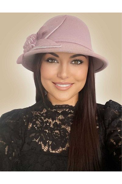 Confortino Elegant women's felt hat with small brim and floral decoration - ONE SIZE, ADJUSTABLE