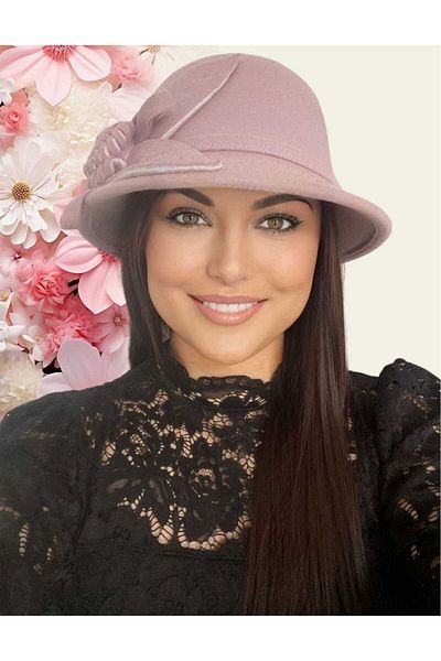 Confortino Elegant women's felt hat with small brim and floral decoration - ONE SIZE, ADJUSTABLE